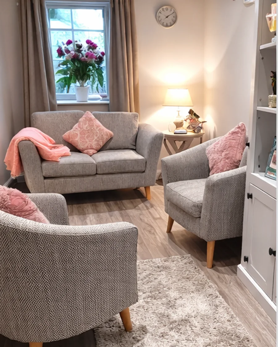 A view of the counselling room with chairs, soft lighting, and flowers by the window.