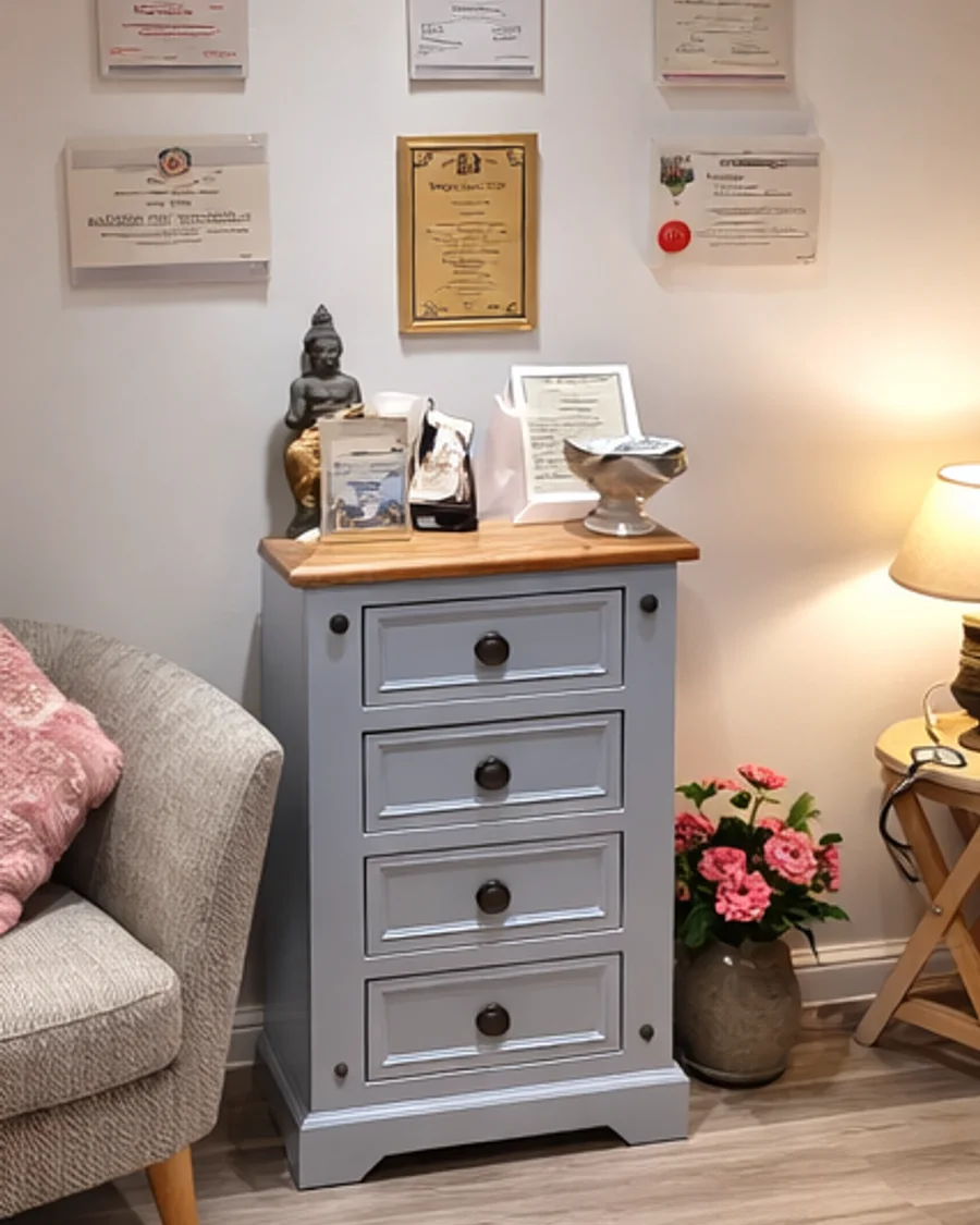 A view of the counselling room showing certificates, a lamp, and part of the seating area.